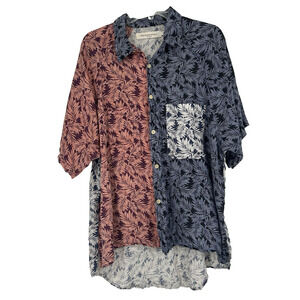 Mr Completely Mens Hawaiian Button Up Shirt Blue Pink Colorblock High Low Size M